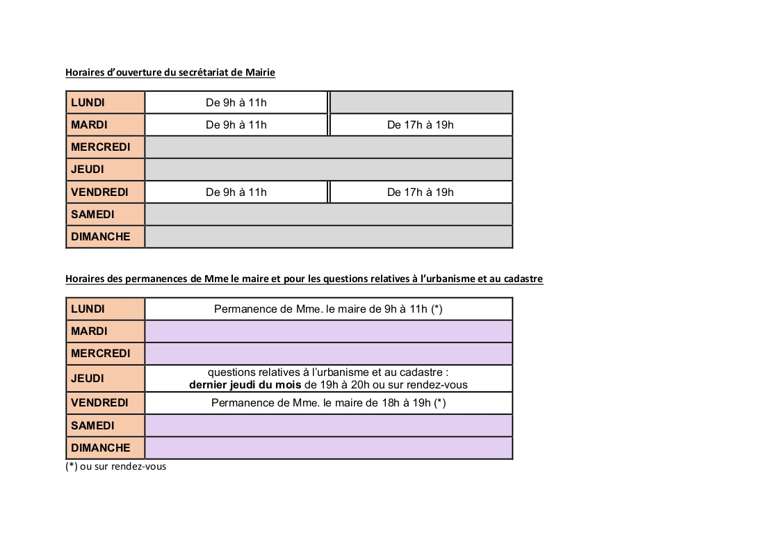 Tableaux des ouvertures de la mairie