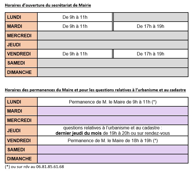 2020 Horaires d'ouverture de la Mairie de VALFF